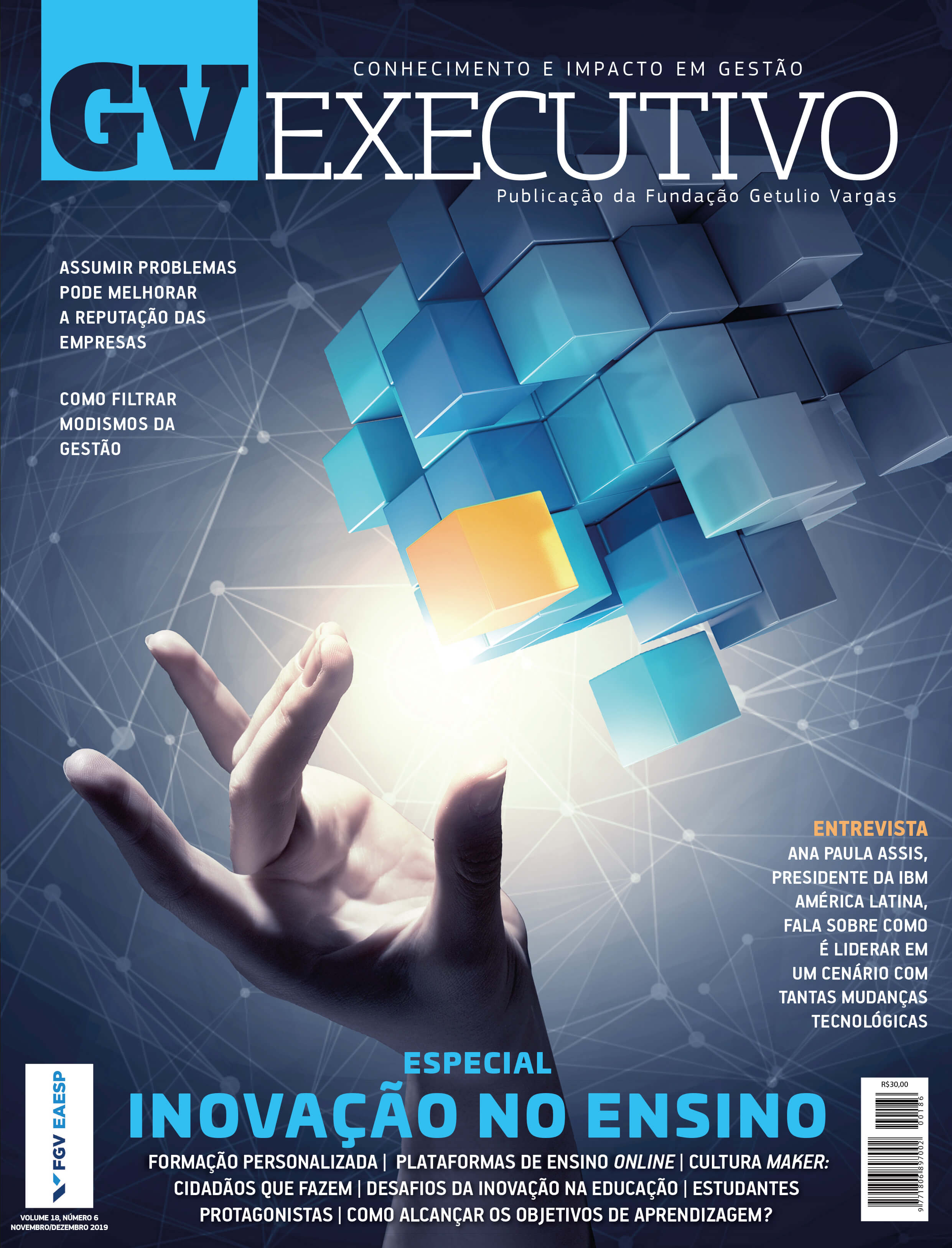 capa da revista GV Executivo com uma mão tocando um cubo abstrato