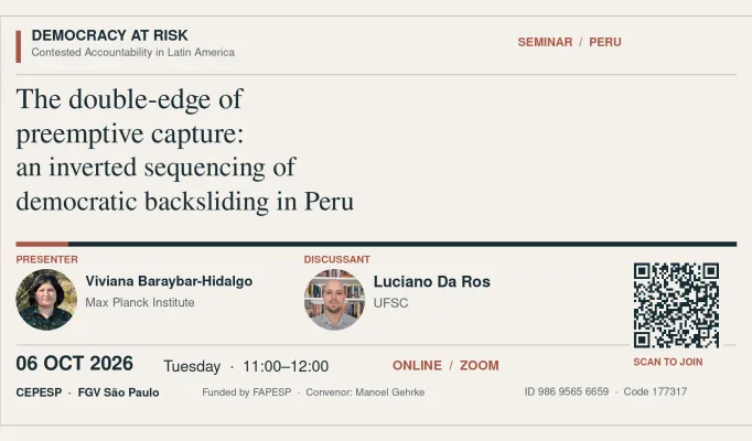 Palestrantes Opções de configuração Aberto vivianabaraybar Presenter: Viviana Baraybar-Hidalgo Viviana Baraybar-Hidalgo (Max Planck Institute). https://vbaraybarhidalgo.com Opções de configuração Aberto lucianodaRos Discussant: Luciano Da Ros (UFSC)
