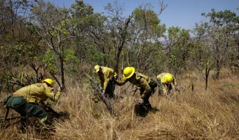 Des agents de l’Institut Chico Mendes pour la conservation de la biodiversité s’efforcent de contenir un incendie dans une zone du parc national de la Chapada dos Veadeiros, dans l’Etat de Goias (Brésil), le 20 septembre 2024. UESLEI MARCELINO/REUTERS