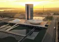 Vista aérea do Congresso Nacional em Brasília ao pôr do sol, com edifícios icônicos, espelhos d’água e vias ao redor