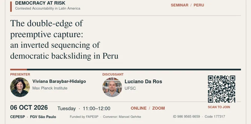 Palestrantes Opções de configuração Aberto vivianabaraybar Presenter: Viviana Baraybar-Hidalgo Viviana Baraybar-Hidalgo (Max Planck Institute). https://vbaraybarhidalgo.com Opções de configuração Aberto lucianodaRos Discussant: Luciano Da Ros (UFSC)
