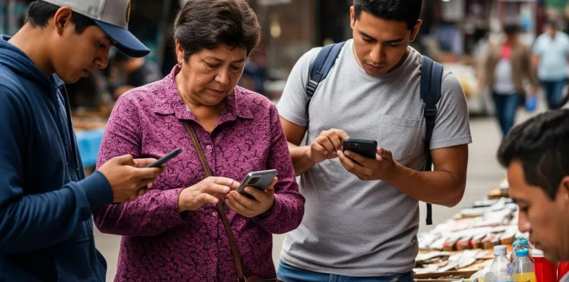 Pessoas de diferentes idades usando smartphones em um ambiente urbano com barracas de comércio ao fundo
