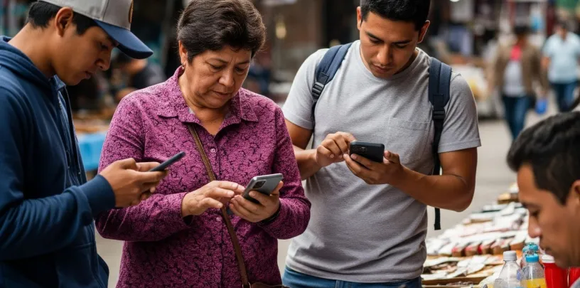 Pessoas de diferentes idades usando smartphones em um ambiente urbano com barracas de comércio ao fundo