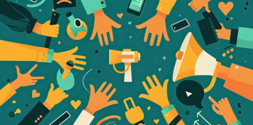 Ilustração com várias mãos ao redor de ícones de comunicação, como megafone, celular e símbolos digitais, representando interação e engajamento