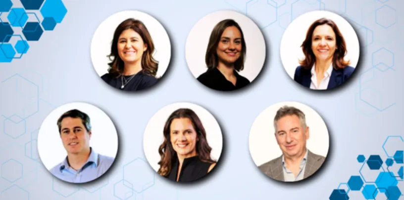 Seis retratos profissionais apresentados em círculos sobre fundo claro com elementos gráficos geométricos em azul