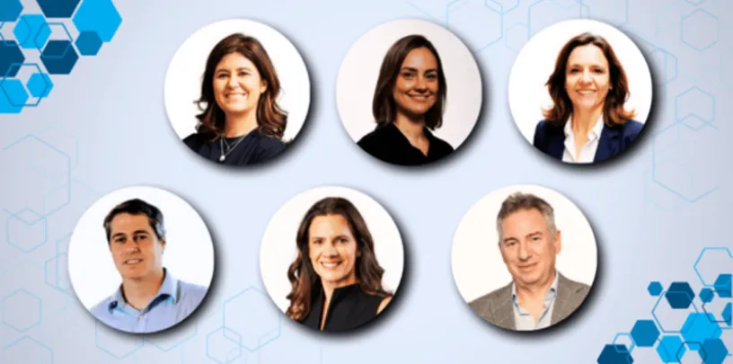 Seis retratos profissionais apresentados em círculos sobre fundo claro com elementos gráficos geométricos em azul