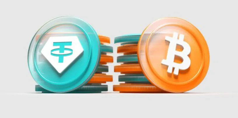 Ilustração com fundo neutro mostrando moedas digitais empilhadas, com dois grandes ícones em destaque: à esquerda um símbolo semelhante a uma stablecoin (Tether) em azul e, à direita, o símbolo do Bitcoin em laranja. A composição sugere comparação ou relação entre criptomoedas e ativos digitais.