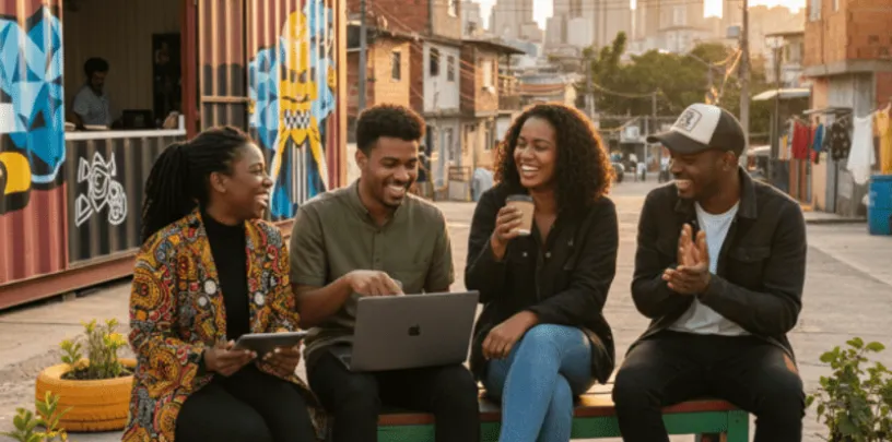 Quatro pessoas sentadas em banco ao ar livre utilizam notebook e tablet enquanto interagem em ambiente urbano com construções ao fundo
