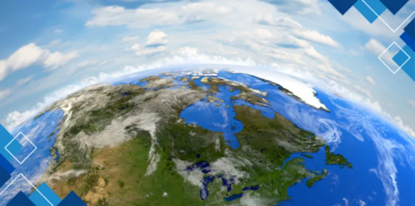 Imagem do planeta Terra vista do espaço, com nuvens e continentes visíveis sob um céu azul, em perspectiva curvada do globo