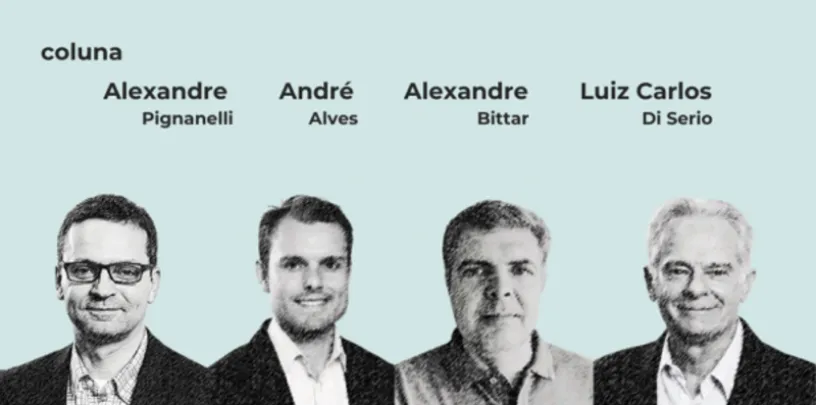 Ilustração em preto e branco com quatro retratos alinhados na parte inferior sobre fundo azul-claro, identificados como integrantes de uma coluna: Alexandre Pignanelli, André Alves, Alexandre Bittar e Luiz Carlos Di Serio. Acima dos nomes aparece a palavra “coluna”