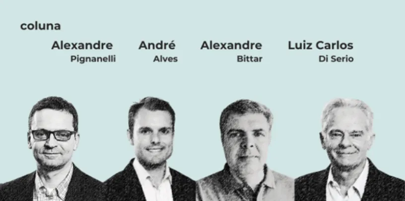 Ilustração em preto e branco com quatro retratos alinhados na parte inferior sobre fundo azul-claro, identificados como integrantes de uma coluna: Alexandre Pignanelli, André Alves, Alexandre Bittar e Luiz Carlos Di Serio. Acima dos nomes aparece a palavra “coluna”