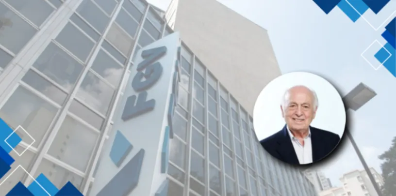 Fachada de um prédio da FGV vista de baixo, com estrutura de vidro e placa vertical com o logotipo da instituição. À direita, há uma foto circular de uma pessoa sorrindo sobreposta à imagem, em um banner com elementos gráficos em tons de azul.