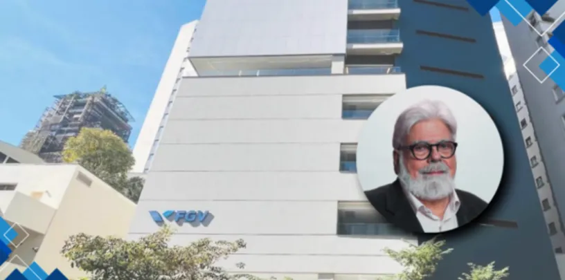 Fachada de um prédio moderno da FGV vista de baixo, com paredes claras, janelas e o logotipo da instituição visível. À direita, há um retrato circular sobreposto de uma pessoa com barba e óculos, em um banner com elementos gráficos em tons de azul.