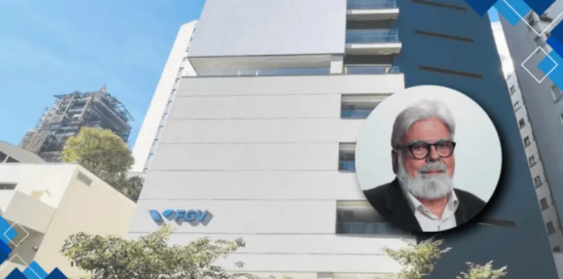 Fachada de um prédio moderno da FGV vista de baixo, com paredes claras, janelas e o logotipo da instituição visível. À direita, há um retrato circular sobreposto de uma pessoa com barba e óculos, em um banner com elementos gráficos em tons de azul.