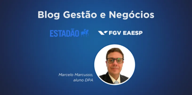 Capa do Blog Gestão e Negócios com fundo azul, logotipos do Estadão e da FGV EAESP, e fotos de Fernando Barrichelo e Eliza Albuquerque, alunos do DPA