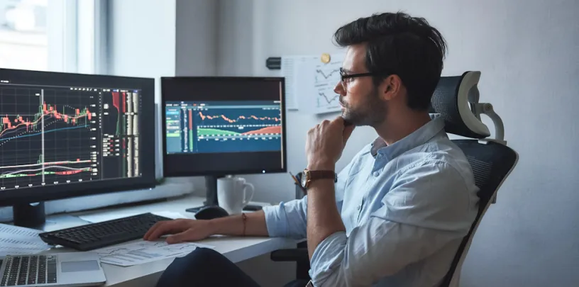 Pessoa em escritório observando gráficos financeiros em dois monitores de computador, com planilhas e notebook sobre a mesa