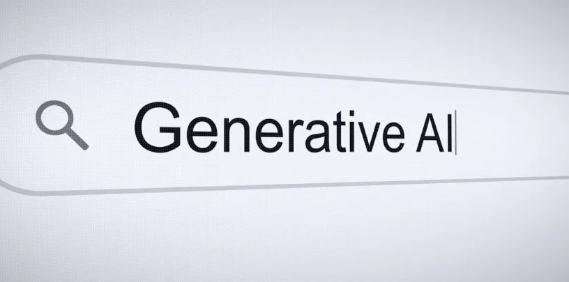 Barra de pesquisa em destaque sobre fundo claro com o texto “Generative AI” digitado e um ícone de lupa ao lado, sugerindo busca por informações ou conteúdos relacionados à inteligência artificial generativa.