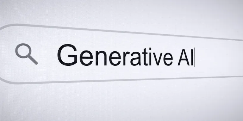 Barra de pesquisa em destaque sobre fundo claro com o texto “Generative AI” digitado e um ícone de lupa ao lado, sugerindo busca por informações ou conteúdos relacionados à inteligência artificial generativa.