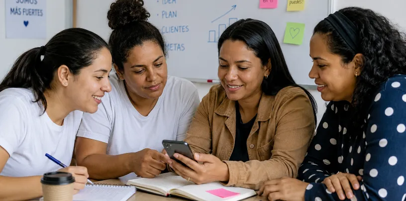 Mulheres refugiadas participando de curso de empreendedorismo com uso de celular e atividades colaborativas.