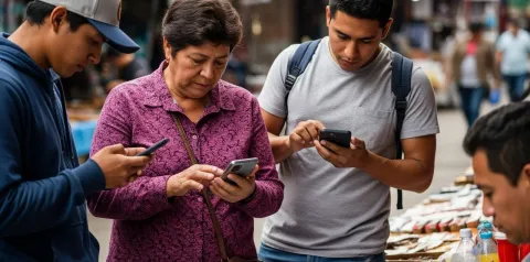 Pessoas de diferentes idades usando smartphones em um ambiente urbano com barracas de comércio ao fundo