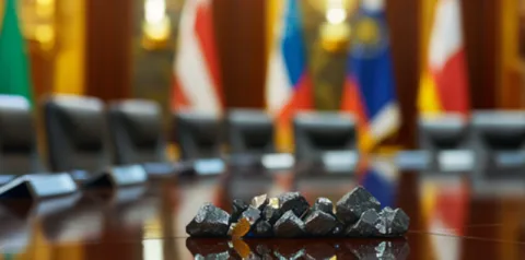 Pedras minerais dispostas sobre mesa de reunião, com bandeiras de países ao fundo, representando negociações internacionais.