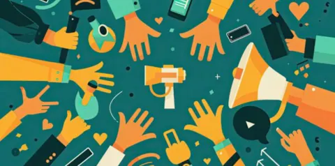 Ilustração com várias mãos ao redor de ícones de comunicação, como megafone, celular e símbolos digitais, representando interação e engajamento