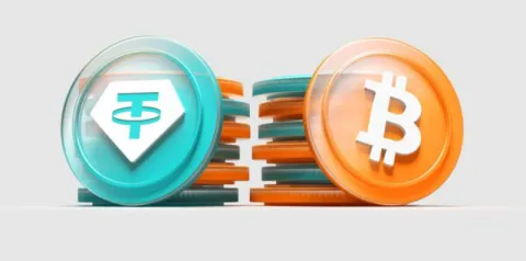 Ilustração com fundo neutro mostrando moedas digitais empilhadas, com dois grandes ícones em destaque: à esquerda um símbolo semelhante a uma stablecoin (Tether) em azul e, à direita, o símbolo do Bitcoin em laranja. A composição sugere comparação ou relação entre criptomoedas e ativos digitais.