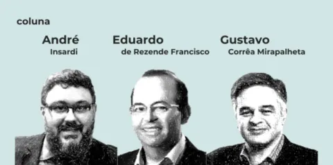 Ilustração em tons de cinza com três retratos lado a lado sobre fundo azul-claro, identificados como integrantes de uma coluna: à esquerda, André Insardi; ao centro, Eduardo de Rezende Francisco; à direita, Gustavo Corrêa Mirapalheta. Acima dos nomes aparece a palavra “coluna”.
