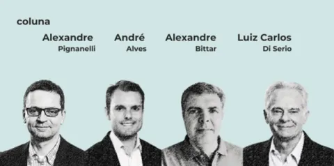 Ilustração em preto e branco com quatro retratos alinhados na parte inferior sobre fundo azul-claro, identificados como integrantes de uma coluna: Alexandre Pignanelli, André Alves, Alexandre Bittar e Luiz Carlos Di Serio. Acima dos nomes aparece a palavra “coluna”