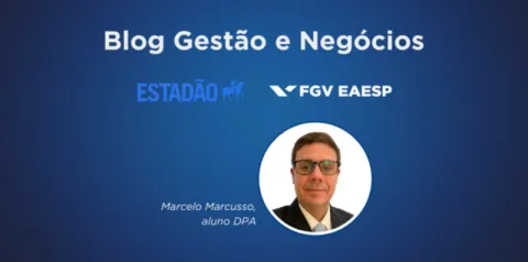 Capa do Blog Gestão e Negócios com fundo azul, logotipos do Estadão e da FGV EAESP, e fotos de Fernando Barrichelo e Eliza Albuquerque, alunos do DPA