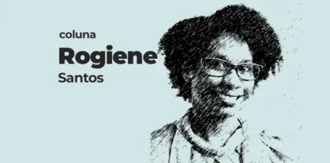Arte de coluna com ilustração em preto e branco de pessoa com óculos em estilo pontilhado e texto ‘coluna Rogiene Santos’ sobre fundo claro