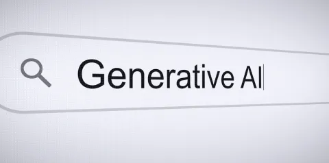 Barra de pesquisa em destaque sobre fundo claro com o texto “Generative AI” digitado e um ícone de lupa ao lado, sugerindo busca por informações ou conteúdos relacionados à inteligência artificial generativa.